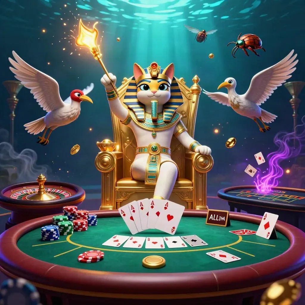 Pharaohkatt på gyllene tron med ibis, skarabéer och casinobord i mörk blått och guld