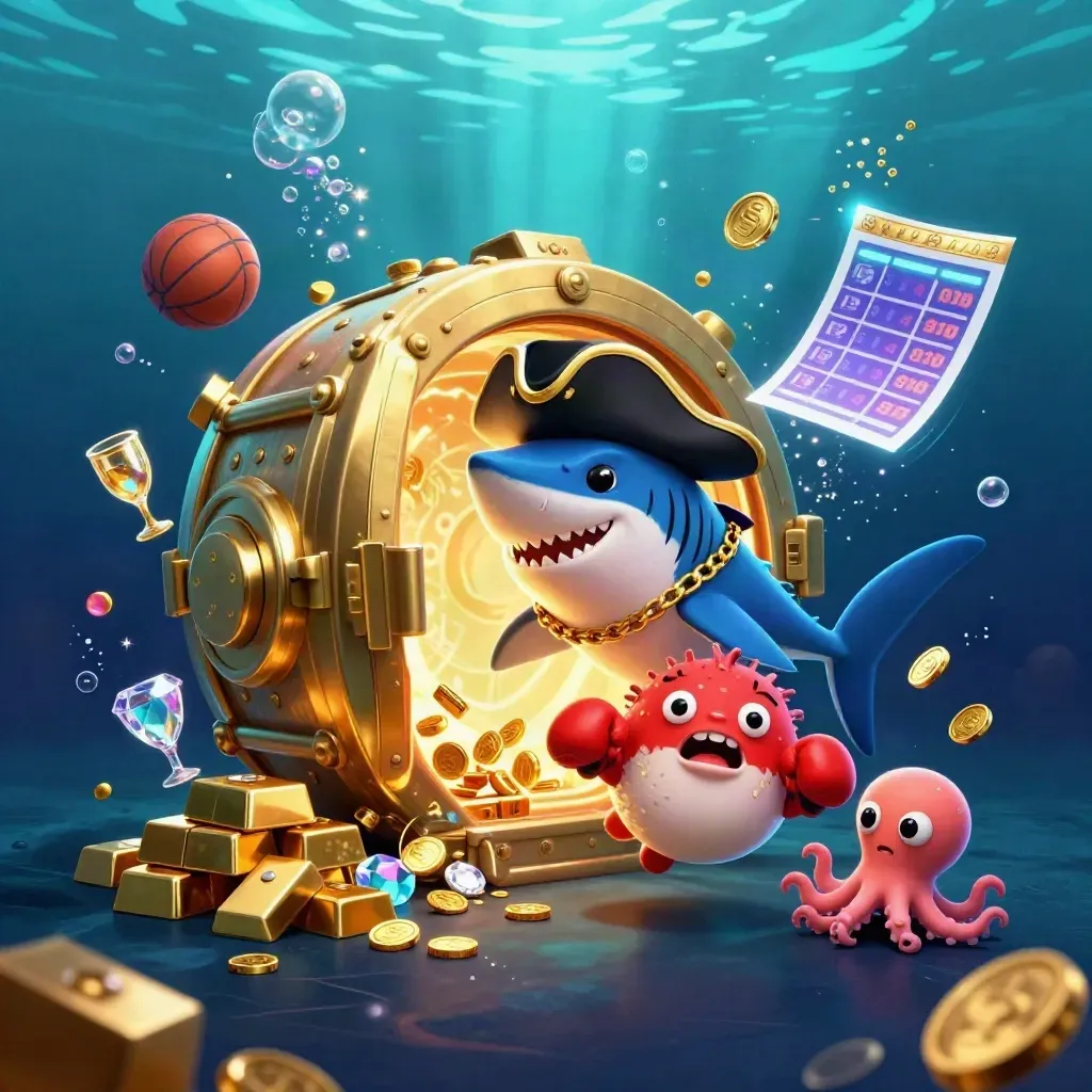 Piratshark, boxande blåsfisk och bläckfisk med guldmynt i ett lysande undervattenscasino.