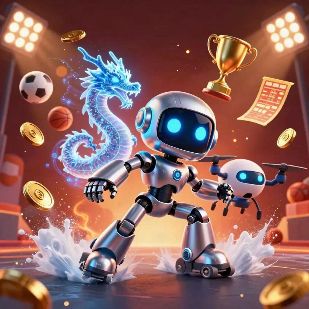 Robot, drake och drönare i neon med bollar, trofé och mynt över frusen is.
