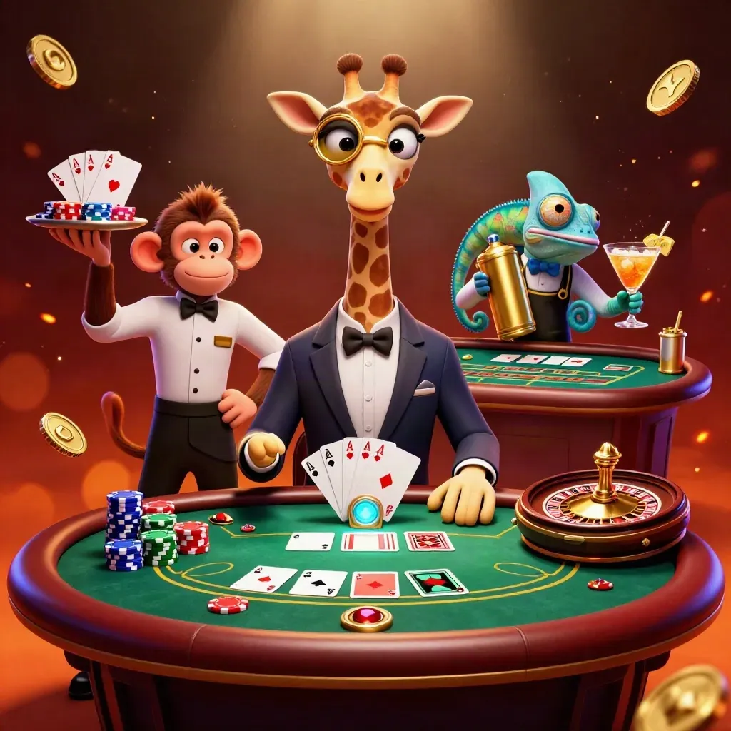 Giraff, apa och kameleont vid ett lyxigt pokerbord med guld, ljus och casinoeffekter.