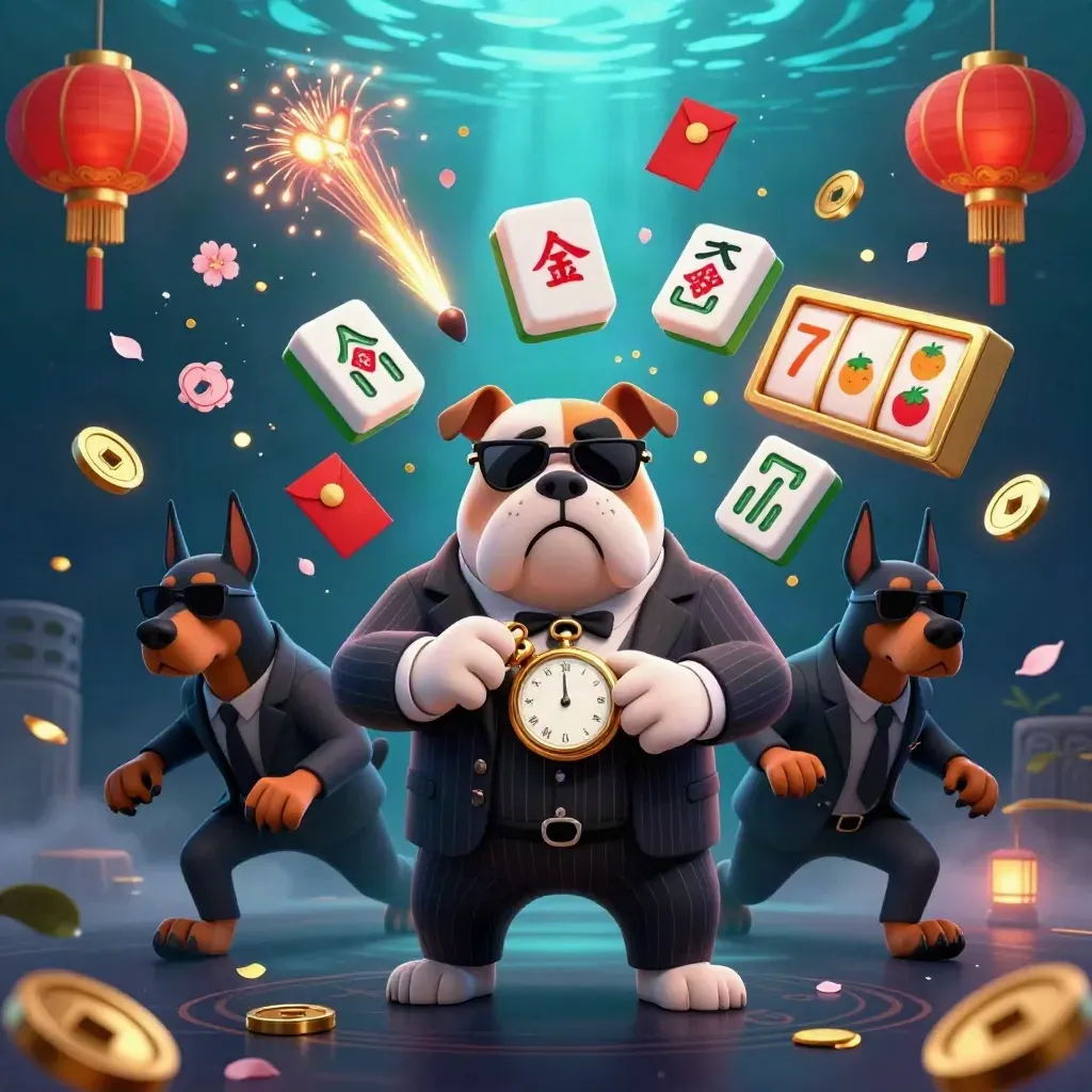 Maffiabulldogg med två dobermann i lyxig casinoregn av lyktor, mynt och cyan glöd.