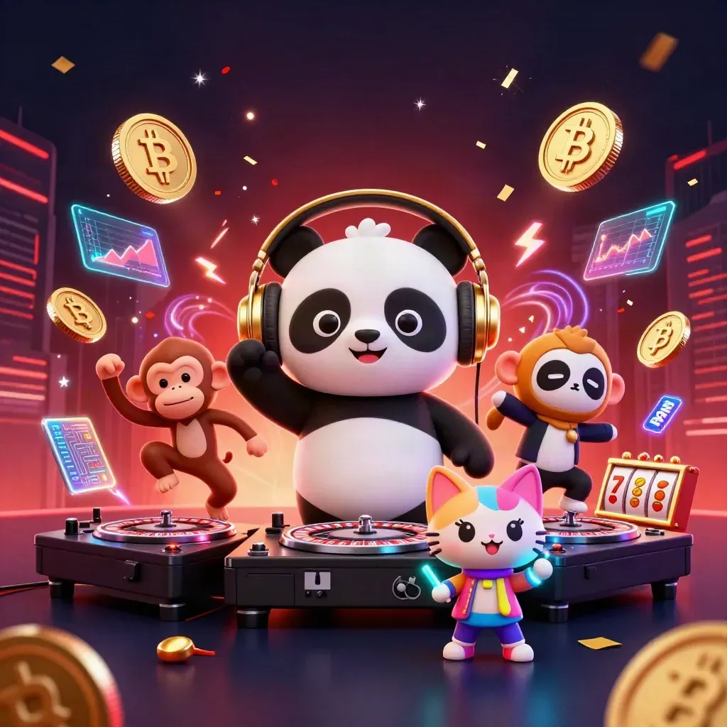 DJ-panda, dansande apa och glow-stick-katt i neoncasino med mynt och ljuseffekter