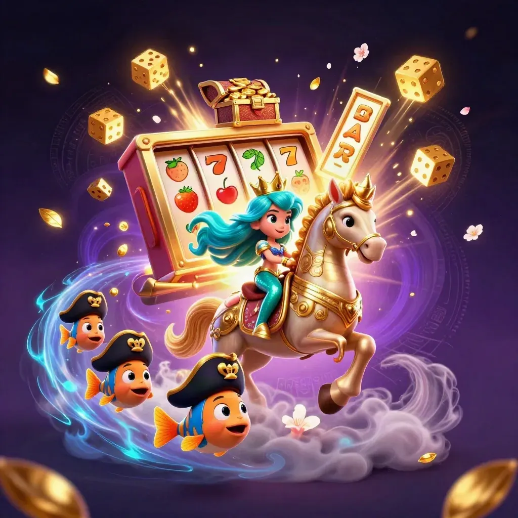 Sjöjungfruprinsessa på gyllene sjöhäst bland casinoregn av symboler och jackpot-glöd