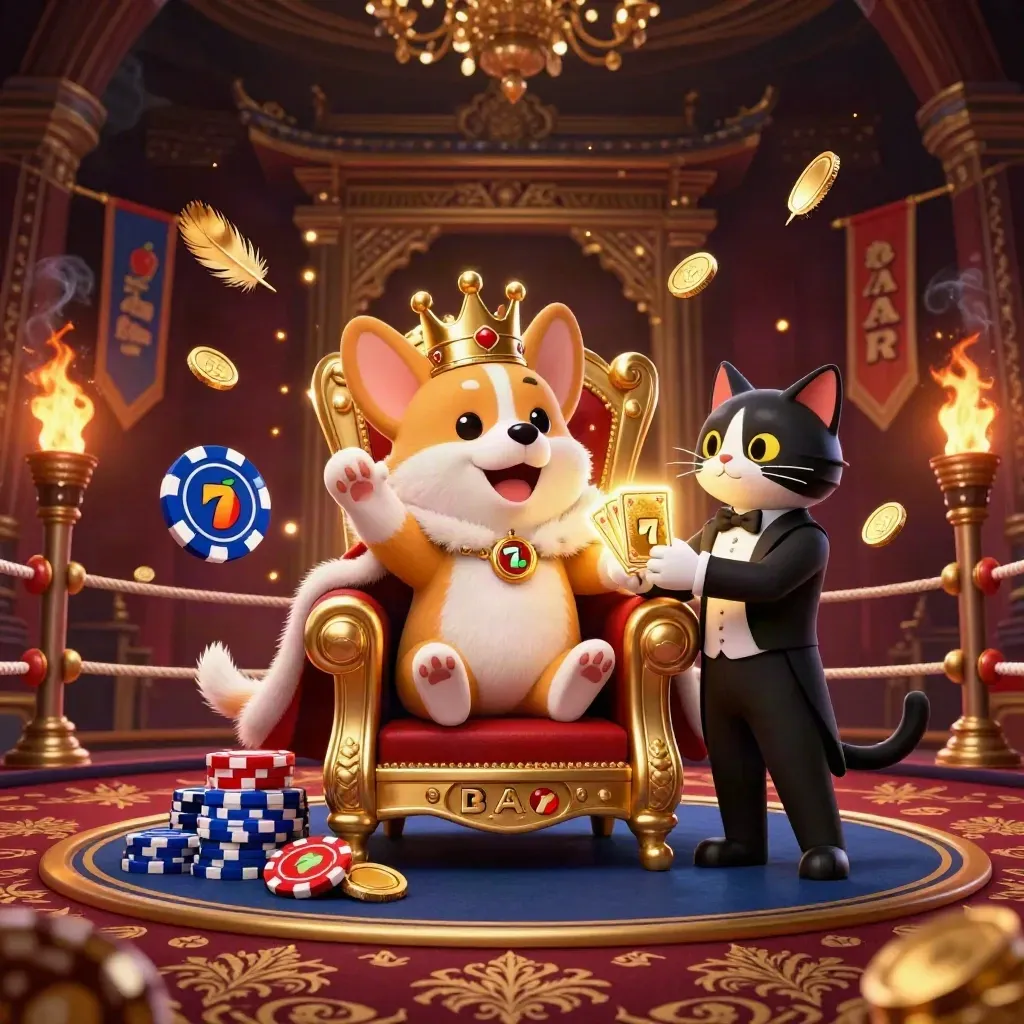 Kunglig corgi och kattbutler i gyllene casinokuliss med eld, mynt och tempelport.