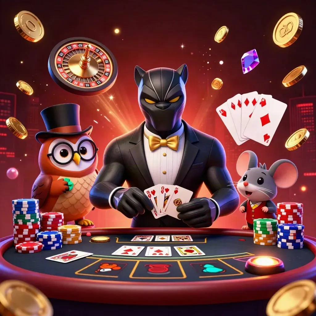 Svart panter, uggla och mus i lyxigt casinokollage med gyllene mynt och roulettehjul.