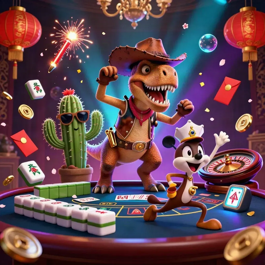 Cowboy-T-Rex med vänner bland guldmynt, fyrverkerier och casinoglöd