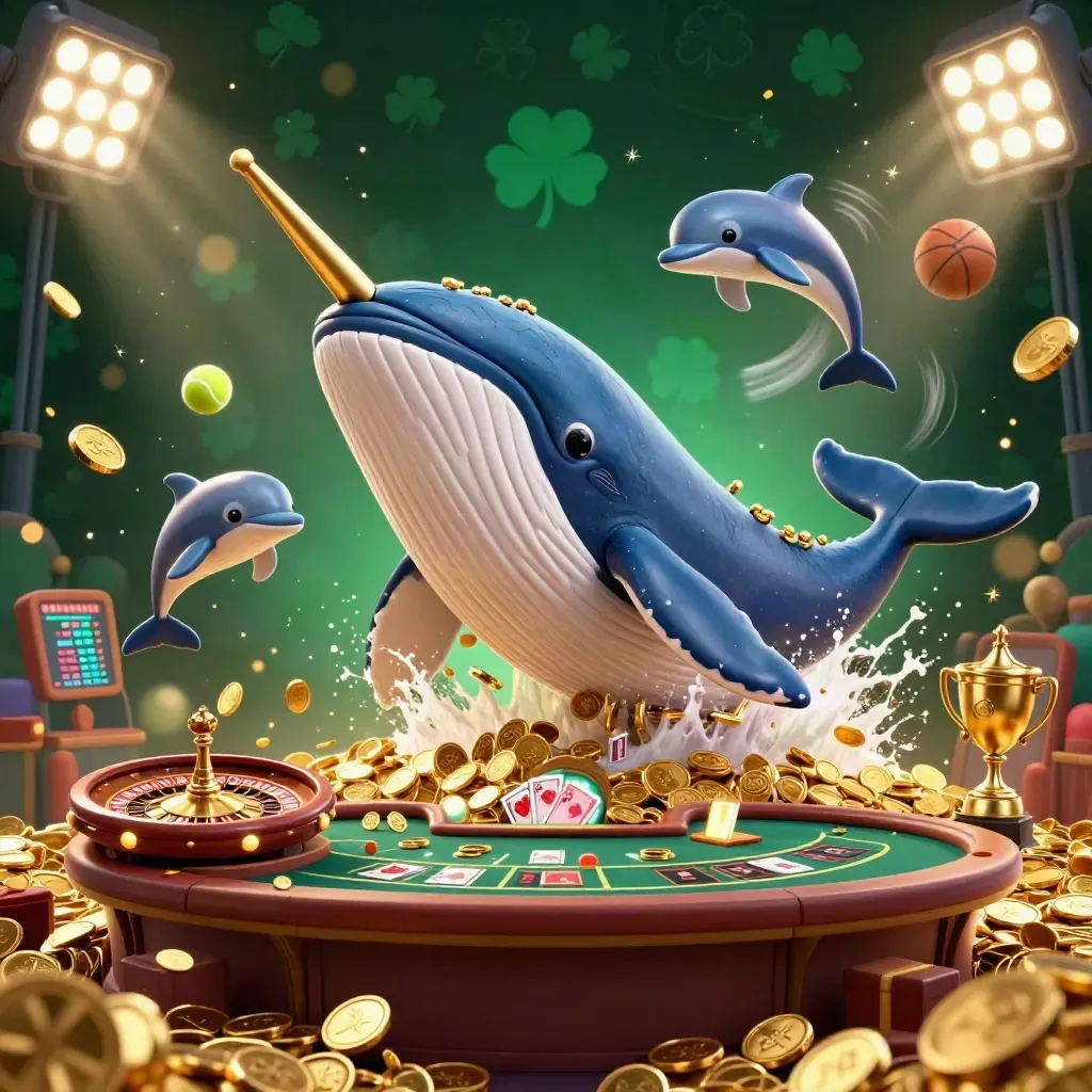Val, narval och delfiner i ett gyllene coinsvärm med roulette, pokerbord och sportbollar i neon