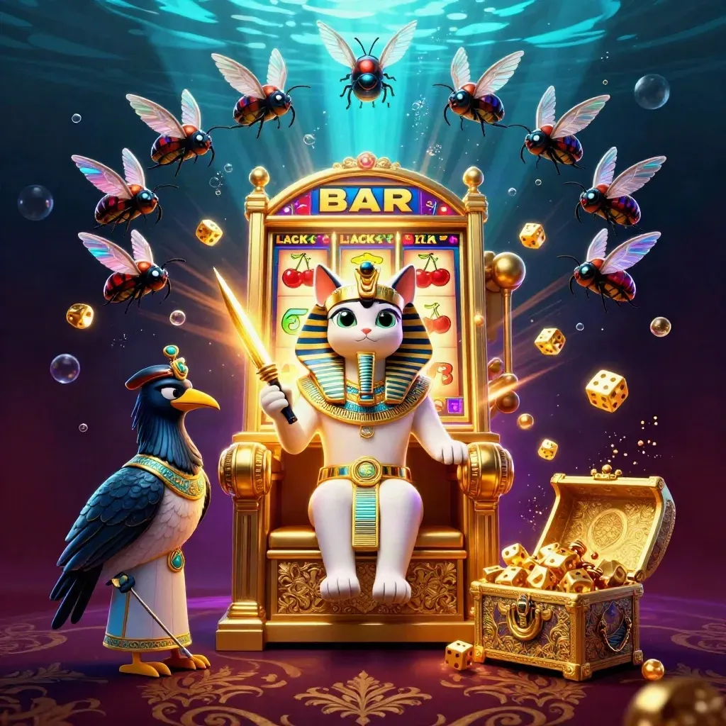 Faraokatt på tron med ibis och skalbaggar, slotsymboler och guld i neonljus