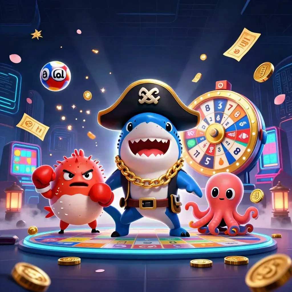 Tre casinokaraktärer i neon med lotteribollar, hjul och guldkonfetti.