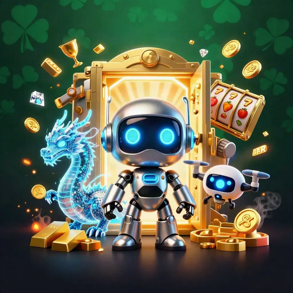 Robot, hologramdrake och drönare vid ett öppet skattvalv i mörk casinoglow.