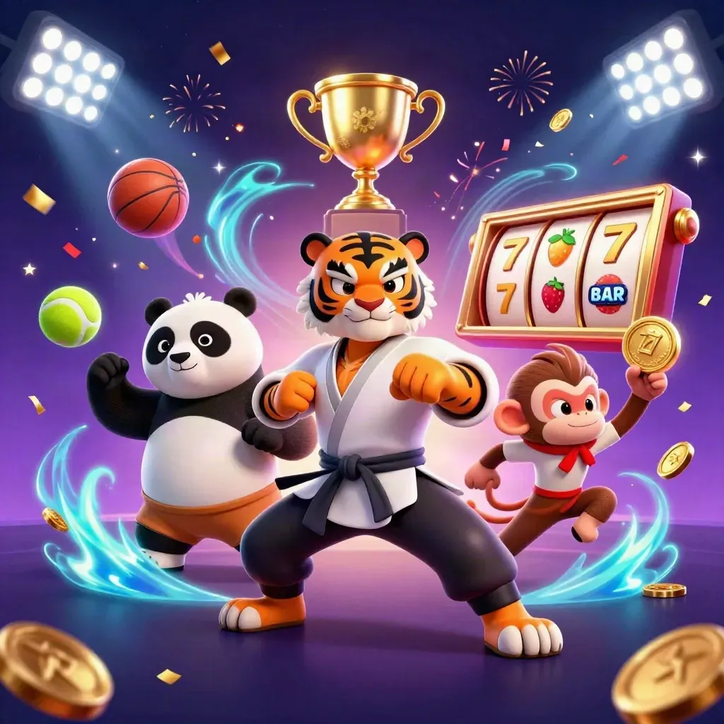Tiger, panda och apa i kung-fu-pose bland gyllene slotsymboler och neonljus.
